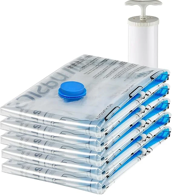 Amazon Basics Vacuum Compression Storage Bags with Hand Pump Medium Size 5 Pack Space Saving Vacuum Seal Storage Bags for Clothes Blankets Bedding Travel Wardrobe Organiser Reusable Airtight Moisture Proof Storage Solution image 1