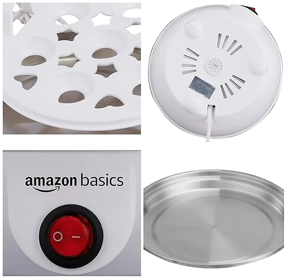 Amazon Basics 350W Electric Egg Boiler Cooker 7 Eggs Capacity Automatic 3 Mode Soft Medium Hard Boiling Stainless Steel Plate Overheat Protection Kitchen Appliance White Plastic Body image 4
