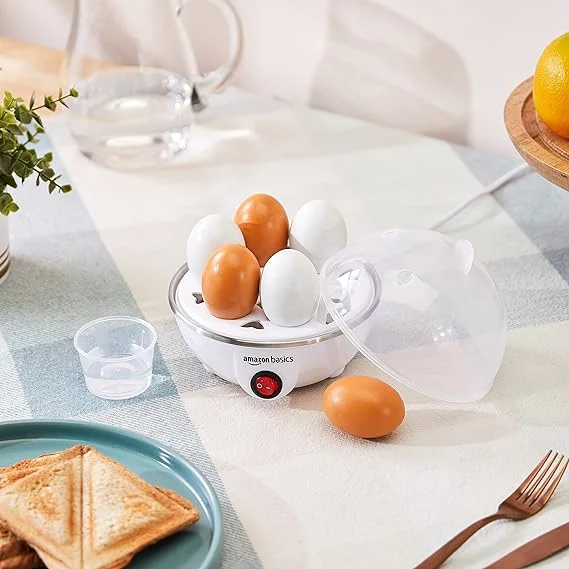 Amazon Basics 350W Electric Egg Boiler Cooker 7 Eggs Capacity Automatic 3 Mode Soft Medium Hard Boiling Stainless Steel Plate Overheat Protection Kitchen Appliance White Plastic Body image 3