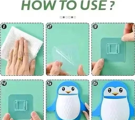 Penguin Wall Mounted Toothbrush & Makeup Organizer (Pack of 2) | Cute Blue & Black Plastic Bathroom Holder | Adhesive Multi-Purpose Storage for Kids & Vanity Use image 3