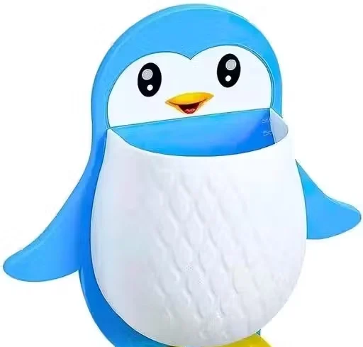 Penguin Wall Mounted Toothbrush & Makeup Organizer (Pack of 2) | Cute Blue & Black Plastic Bathroom Holder | Adhesive Multi-Purpose Storage for Kids & Vanity Use image 2