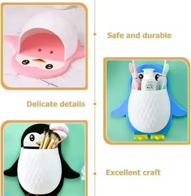 Penguin Wall Mounted Toothbrush & Makeup Organizer (Pack of 2) | Cute Blue & Black Plastic Bathroom Holder | Adhesive Multi-Purpose Storage for Kids & Vanity Use thumbnail 3