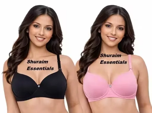 Women Lightly Padded Non Wired T-Shirt Bra Combo Pack of 2 (Pink & Black) Women Bra 28B Pink Black Combo Pack of 2 32B image 2