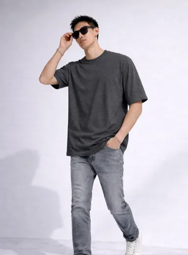 Men's Casual Plain Black Short Sleeve Tee | Relaxed Fit Streetwear Crewneck Top Grey XL thumbnail 3