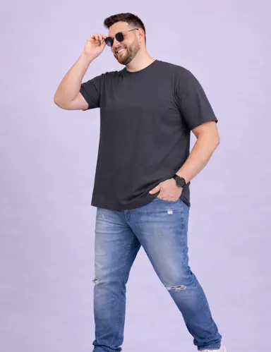 Plus Size Men Charcoal Grey Solid Round Neck Cotton T-Shirt Charcoal Grey  L thumbnail 3