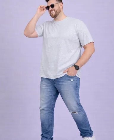 Plus Size Men Charcoal Grey Solid Round Neck Cotton T-Shirt Charcoal Grey  3XL thumbnail 3