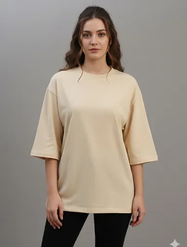 Black Women Oversized Cotton T-Shirt Everyday Casual Round Neck Half Sleeve Loose Fit Tee Comfortable Daily Wear Top for Women Solid Beige L thumbnail 1