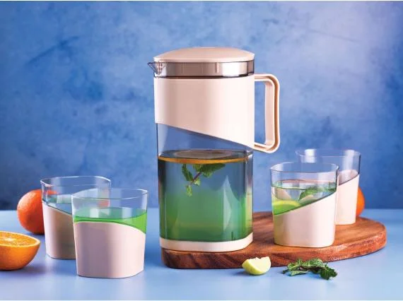 Premium BPA-Free Acrylic Water Jug Set with 4 Matching Drinking Glasses, Modern Refrigerator Water Pitcher with Lid & Handle, Juice Lemonade Cold Beverage Server for Home Kitchen Dining Table Office Party Use, Transparent Drinkware Set image 1