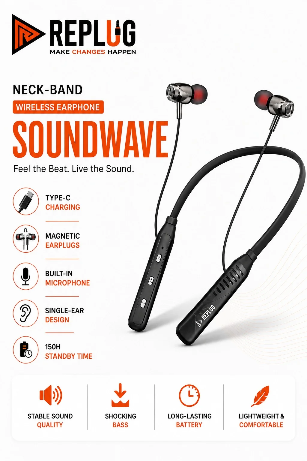 Replug Wireless Neckband Bluetooth Earphones SoundWave Magnetic Sports Earbuds with HD Sound, Deep Bass, Long Battery Life, Fast Charging, Sweat Resistant Wireless Headset for Calls Music Gaming image 1