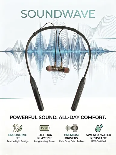 Replug Wireless Neckband Bluetooth Earphones SoundWave Magnetic Sports Earbuds with HD Sound, Deep Bass, Long Battery Life, Fast Charging, Sweat Resistant Wireless Headset for Calls Music Gaming thumbnail 3