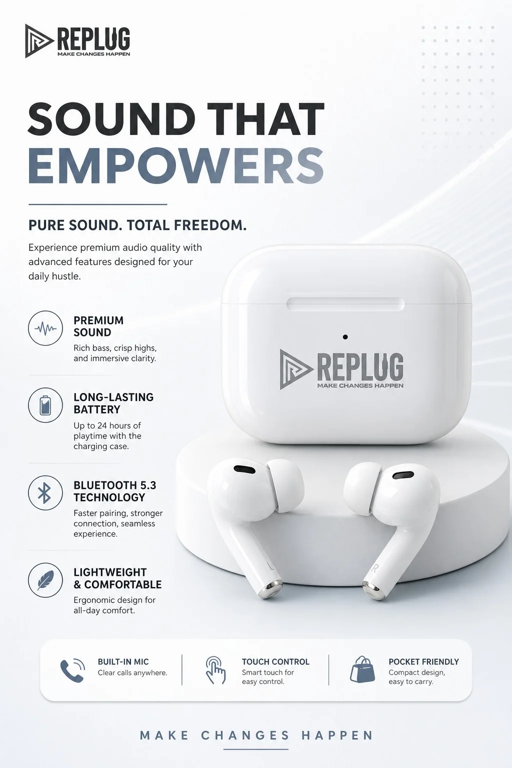 Replug Wireless Bluetooth TWS Earbuds with ENC Noise Reduction, HD Stereo Bass Sound, Touch Controls, Long Battery Backup, Fast Charging, Gaming Mode, Sweat Resistant In-Ear Earphones for Android & iPhone image 4