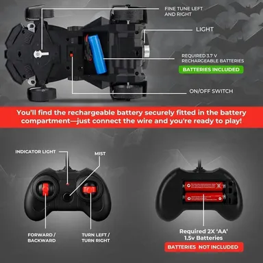 Batman Supercar RC Car with Smoke Effects, LED Lights & USB Rechargeable Battery | Remote Control Batmobile Racing Toy for Kids thumbnail 2