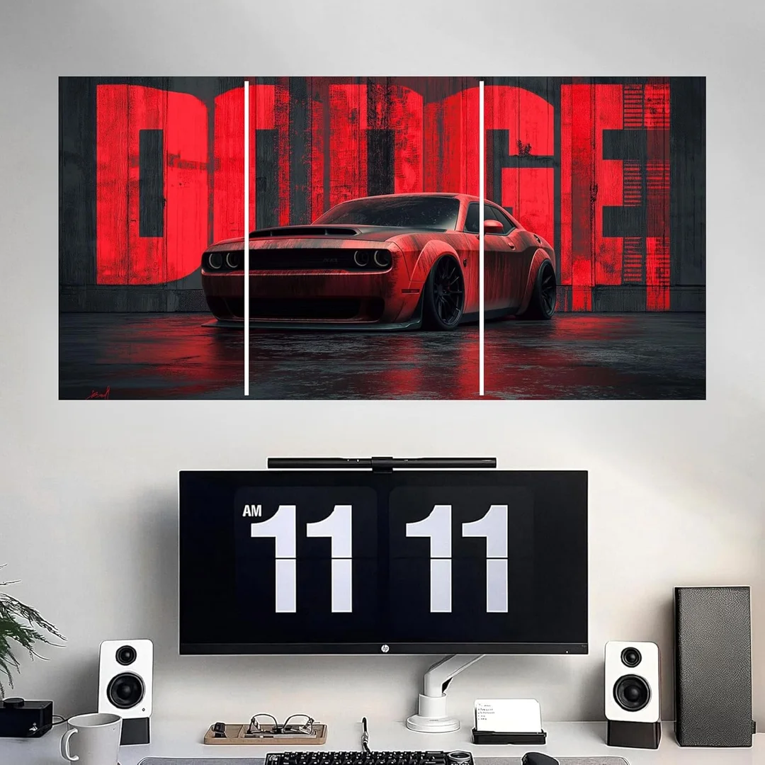 Red Muscle Car Night Street Split Wall Poster Set (A3) | Modern Automotive Wall Art on 300 GSM Glossy Paper – Unframed Bedroom, Garage & Office Decor (41 x 84 cm) image 2