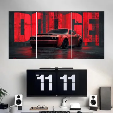 Red Muscle Car Night Street Split Wall Poster Set (A3) | Modern Automotive Wall Art on 300 GSM Glossy Paper – Unframed Bedroom, Garage & Office Decor (41 x 84 cm) thumbnail 1