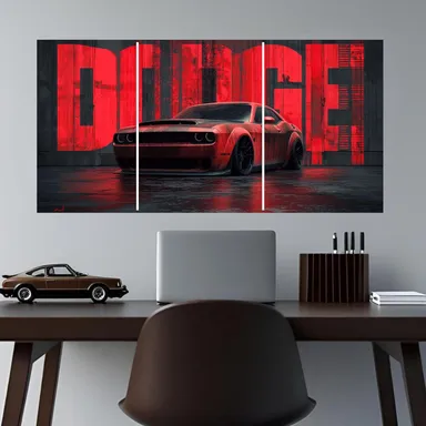 Red Muscle Car Night Street Split Wall Poster Set (A3) | Modern Automotive Wall Art on 300 GSM Glossy Paper – Unframed Bedroom, Garage & Office Decor (41 x 84 cm) thumbnail 4