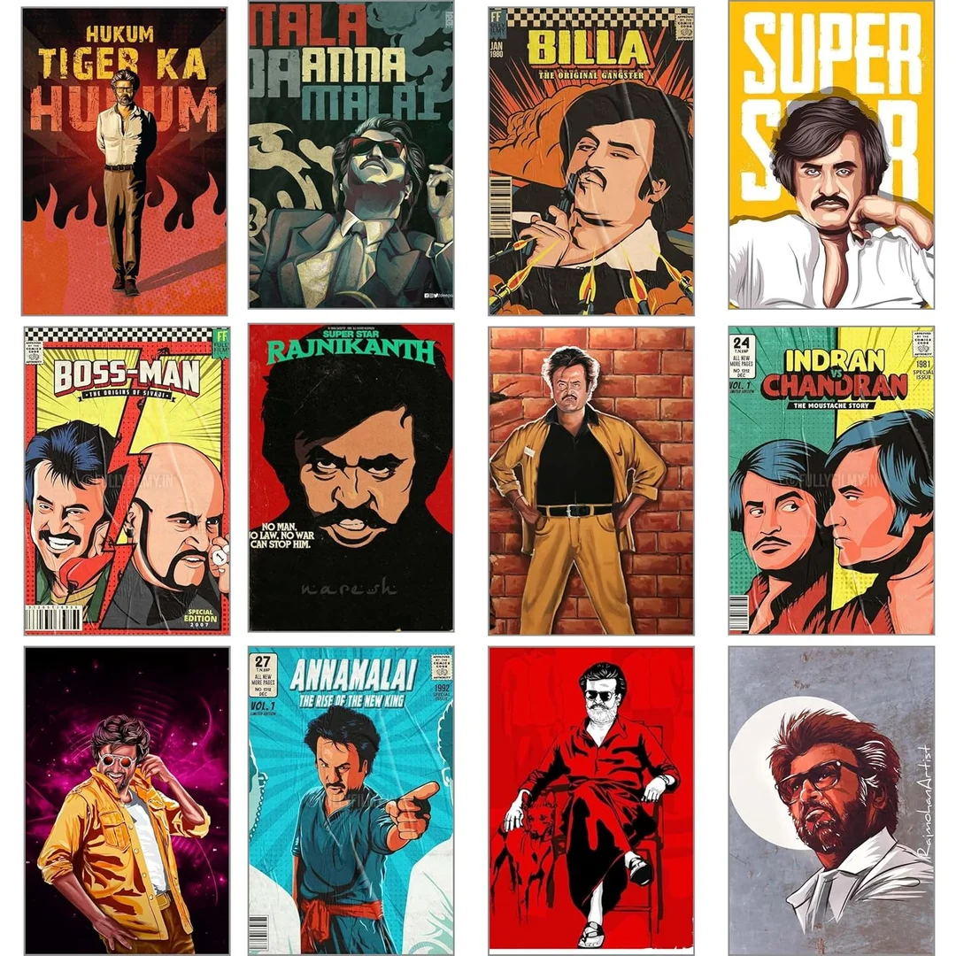 Rajinikanth Poster Set of 12 | Thalaivar Tamil Movie Wall Art | 350 GSM Glossy Posters image 3