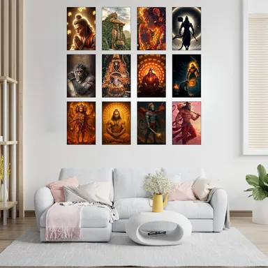 Hanuman Posters Set of 12 A4 Size 300 GSM Glossy Prints | Bajrangbali Jai Shri Ram Wall Art Collection for Home Temple Living Room Meditation Room Spiritual Decor thumbnail 2