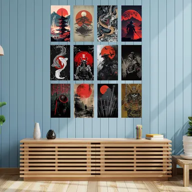 Japanese Samurai Wall Art Poster A4 Size | Premium 350 GSM Thick Paper Print with Double-Sided Tape | Katana Warrior, Dragon & Red Sun Anime-Inspired Room Decor for Bedroom, Living Room & Office thumbnail 1