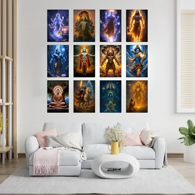 BLUEWALL DECOR Spiritual Wall Posters Set of 12 | A4 Size (8x12 inch) Devotional Art Prints | 300 GSM Glossy Paper | Hindu God & Buddha Wall Decor with Double-Sided Tape for Home & Office thumbnail 2