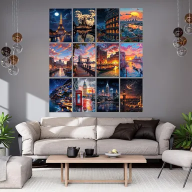 City Nightscape Wall Posters Set of 12 | HD Glossy Travel Photography Wall Art | Eiffel Tower, Venice, London, New York | Bedroom & Living Room Decor | 12x18 Inch Unframed thumbnail 1