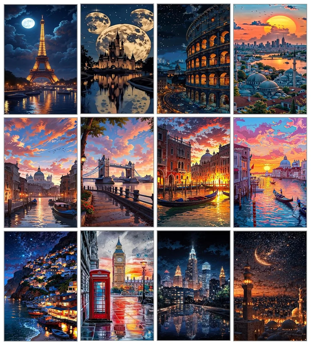 City Nightscape Wall Posters Set of 12 | HD Glossy Travel Photography Wall Art | Eiffel Tower, Venice, London, New York | Bedroom & Living Room Decor | 12x18 Inch Unframed image 3