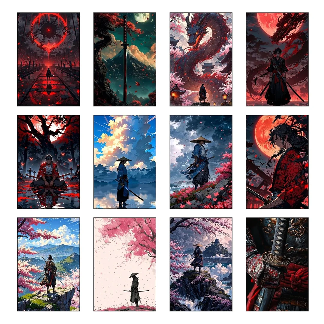 Samurai Wall Posters Set of 12 | Japanese Warrior Katana Art Prints A4 Size 350 GSM Glossy | BLUEWALL DECOR Anime Aesthetic Wall Decor for Bedroom & Office image 3