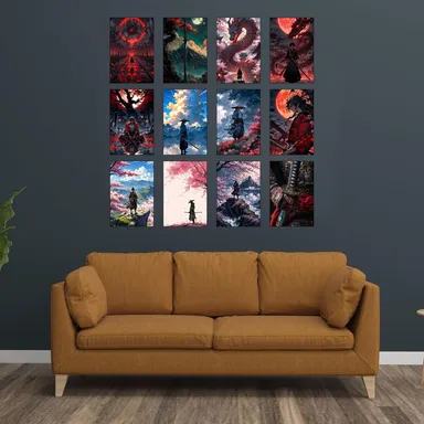 Samurai Wall Posters Set of 12 | Japanese Warrior Katana Art Prints A4 Size 350 GSM Glossy | BLUEWALL DECOR Anime Aesthetic Wall Decor for Bedroom & Office thumbnail 1