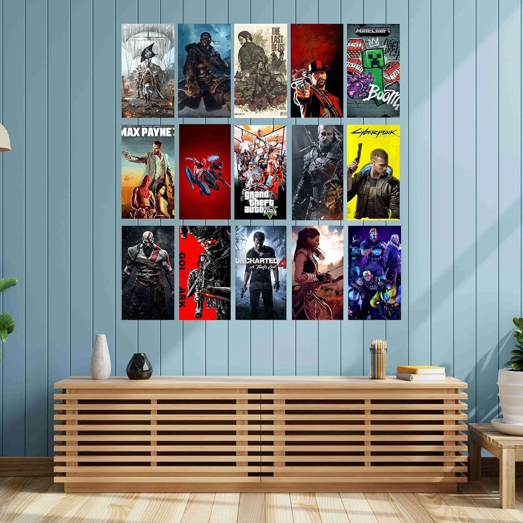 Gaming Poster Set of 15 | A4 Size 350 GSM Glossy Premium Prints | GTA, Spider-Man, God of War, Minecraft, Cyberpunk, Assassin’s Creed & More | Wall Art for Gamer Room Décor image 3