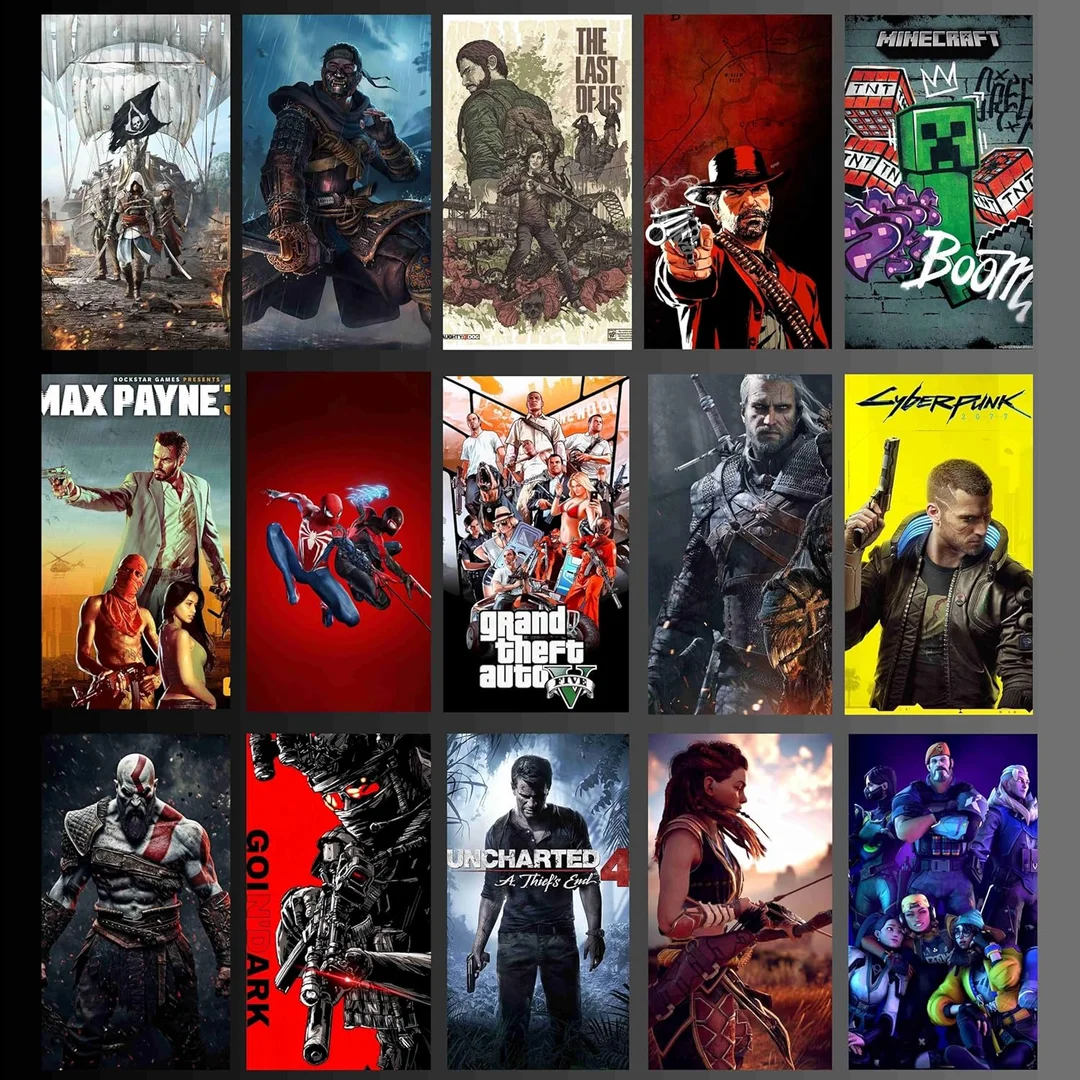 Gaming Poster Set of 15 | A4 Size 350 GSM Glossy Premium Prints | GTA, Spider-Man, God of War, Minecraft, Cyberpunk, Assassin’s Creed & More | Wall Art for Gamer Room Décor image 2