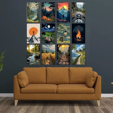 Ghibli Travel Adventure Wall Posters Set of 12 | A4 Size 300 GSM Glossy Art Prints | Nature, Camping, Hiking, Biker & Landscape Wall Art for Bedroom, Living Room, Office Decor thumbnail 1