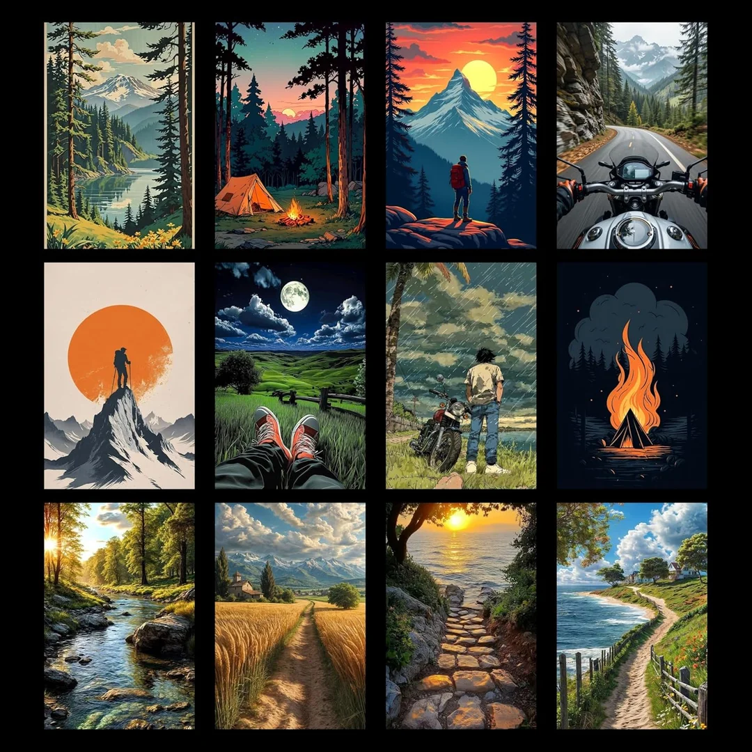 Ghibli Travel Adventure Wall Posters Set of 12 | A4 Size 300 GSM Glossy Art Prints | Nature, Camping, Hiking, Biker & Landscape Wall Art for Bedroom, Living Room, Office Decor image 4