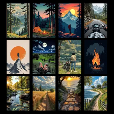 Ghibli Travel Adventure Wall Posters Set of 12 | A4 Size 300 GSM Glossy Art Prints | Nature, Camping, Hiking, Biker & Landscape Wall Art for Bedroom, Living Room, Office Decor thumbnail 3