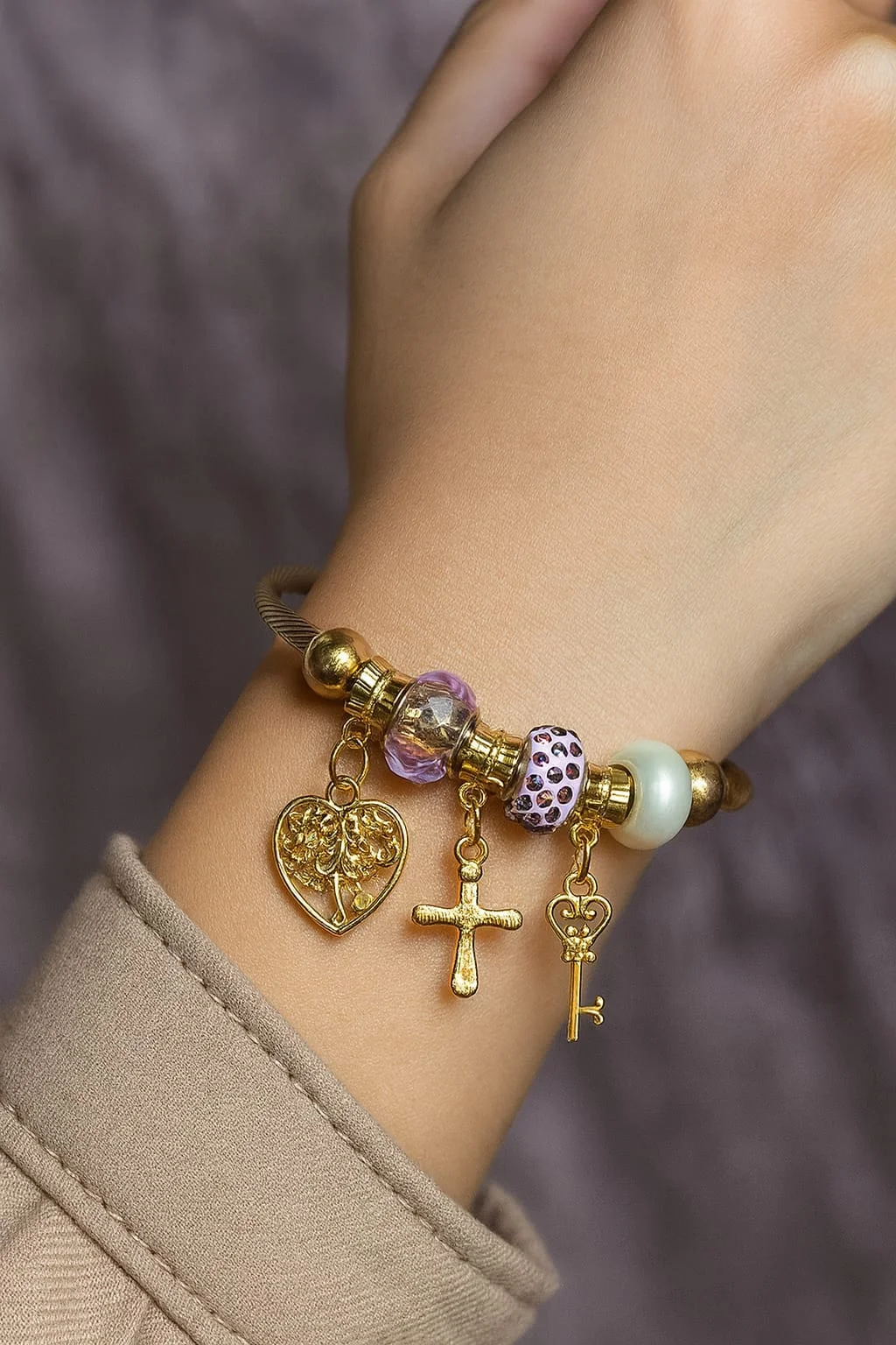 Gold-Toned Charm Bracelet Featuring Heart Tree of Life, Cross, and Key Danglers with Multicolored Decorative Beads image 2