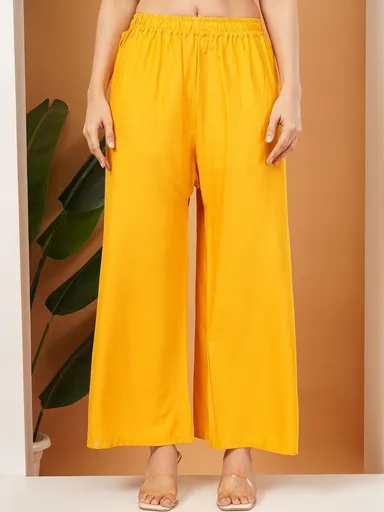 Yellow Elasticated Waistband Solid Rayon Palazzos for Women – Comfortable Casual Ethnic Bottom Wear Vibrant Yellow Rayon Palazzo XL thumbnail 0