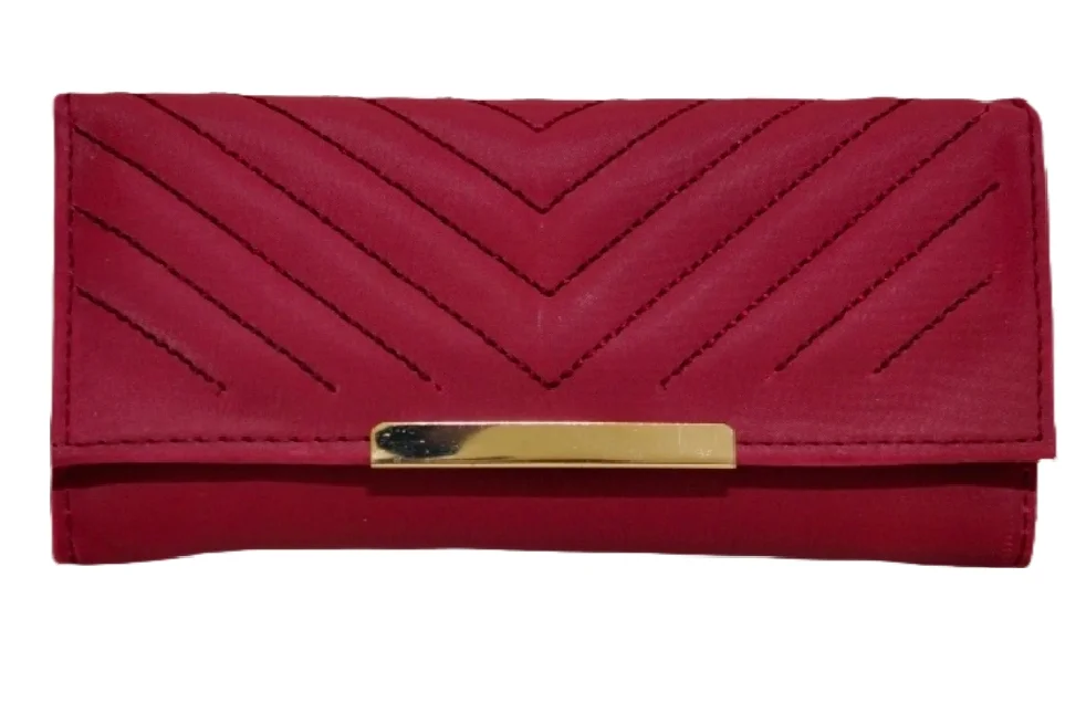 Elegant Maroon Chevron Stitched Women's Envelope Clutch Wallet with Metallic Gold Bar Detail Maroon Free Size image 2
