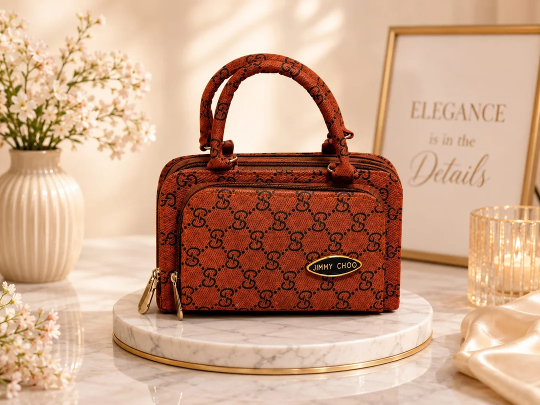 Premium Brown Monogram Pattern Structured Handbag with Gold-Tone Jimmy Choo Branding and Dual Compartment Design Brown Monogram Free Size image 2