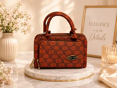 Premium Brown Monogram Pattern Structured Handbag with Gold-Tone Jimmy Choo Branding and Dual Compartment Design Brown Monogram Free Size thumbnail 1
