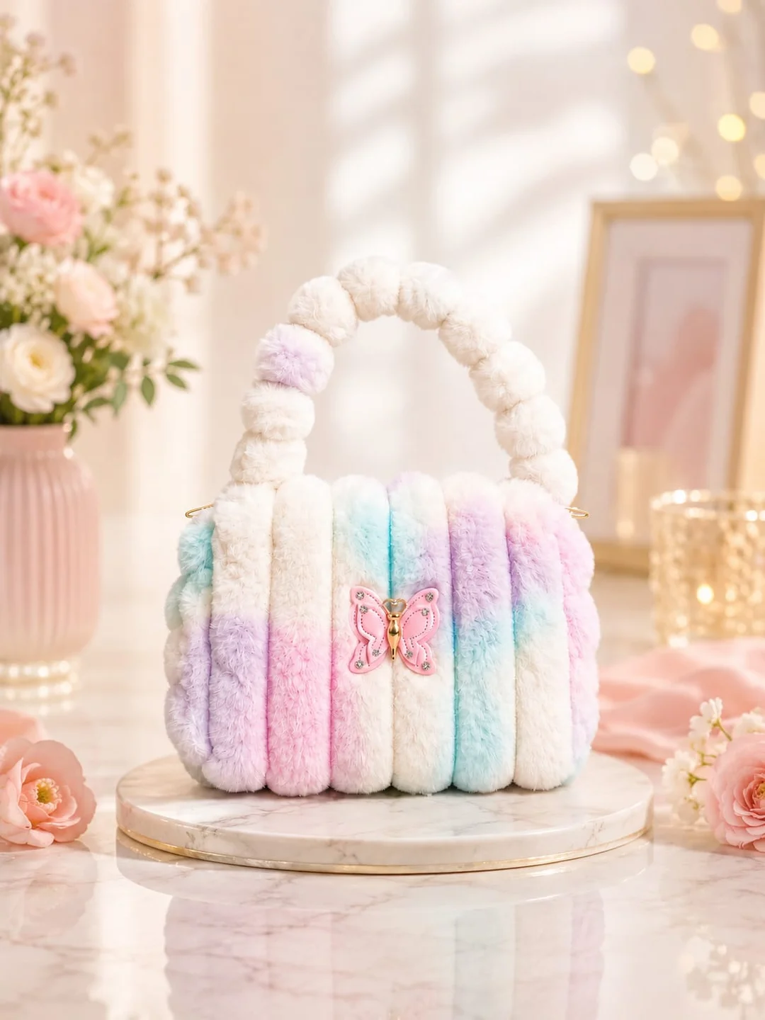 Pastel Rainbow Tie-Dye Faux Fur Handbag Featuring a Whimsical Sequin-Embellished Royal Bear Appliqué Pastel Multi-Color Free Size image 2