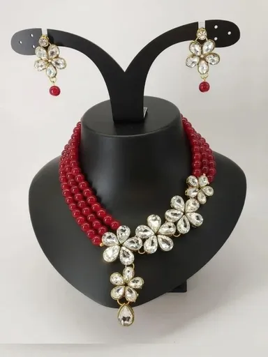 Gold-Plated Red & White Jewellery Set for women. Elegant festive wear, premium finish, lightweight design. thumbnail 1