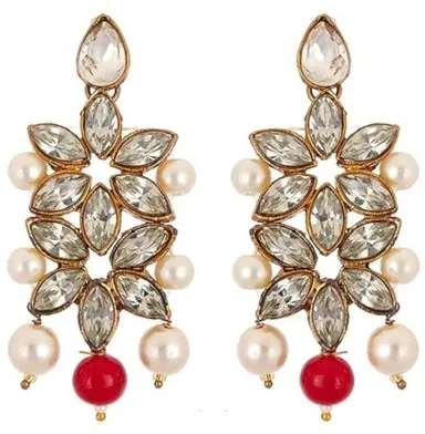 Gold-Plated Red & White Jewellery Set for Women. Elegant ethnic jewelry perfect for weddings, festive wear, and special occasions. thumbnail 2