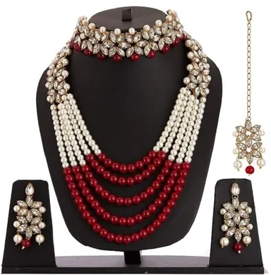 Gold-Plated Red & White Jewellery Set for Women. Elegant ethnic jewelry perfect for weddings, festive wear, and special occasions. thumbnail 1