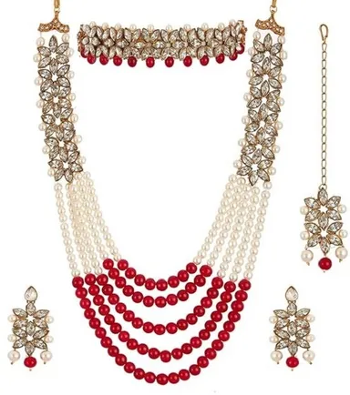 Gold-Plated Red & White Jewellery Set for Women. Elegant ethnic jewelry perfect for weddings, festive wear, and special occasions. thumbnail 3