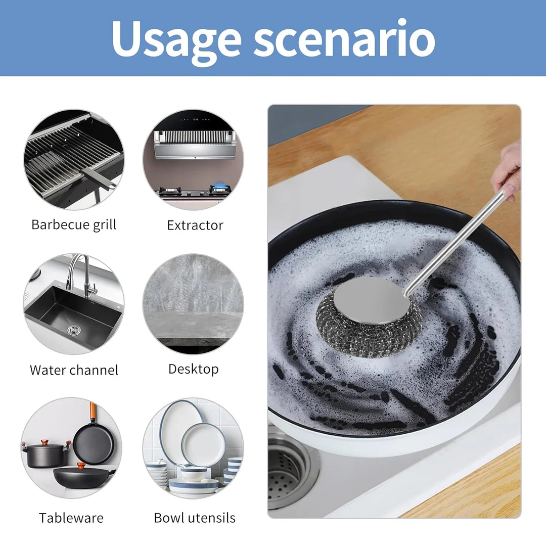 Stainless Steel Wool Scrubber Set with Handle & Long Brush for Kitchen Utensils, Pots, Pans & Tableware Cleaning image 3