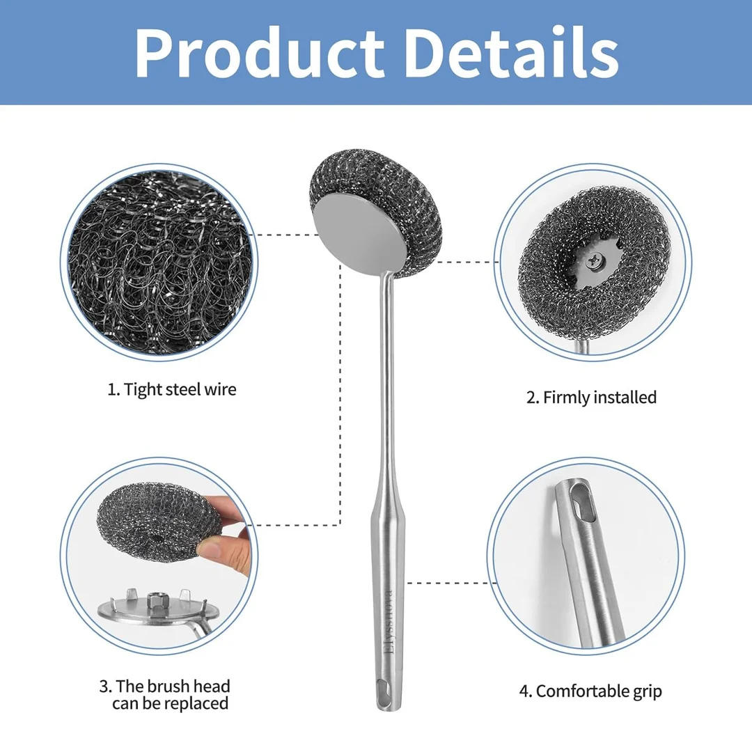 Stainless Steel Wool Scrubber Set with Handle & Long Brush for Kitchen Utensils, Pots, Pans & Tableware Cleaning image 5