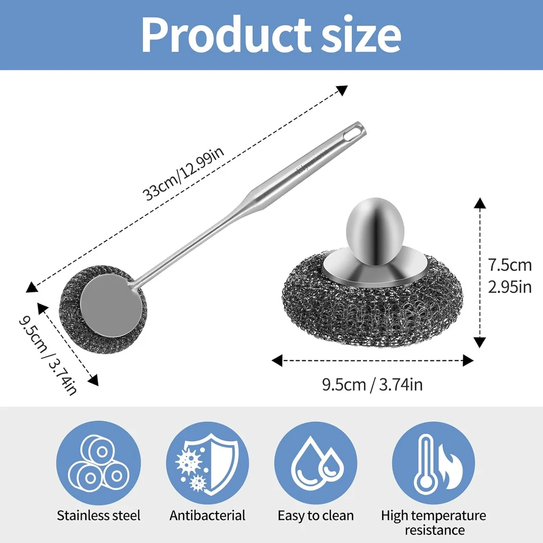 Stainless Steel Wool Scrubber Set with Handle & Long Brush for Kitchen Utensils, Pots, Pans & Tableware Cleaning image 2