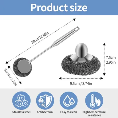 Stainless Steel Wool Scrubber Set with Handle & Long Brush for Kitchen Utensils, Pots, Pans & Tableware Cleaning thumbnail 1