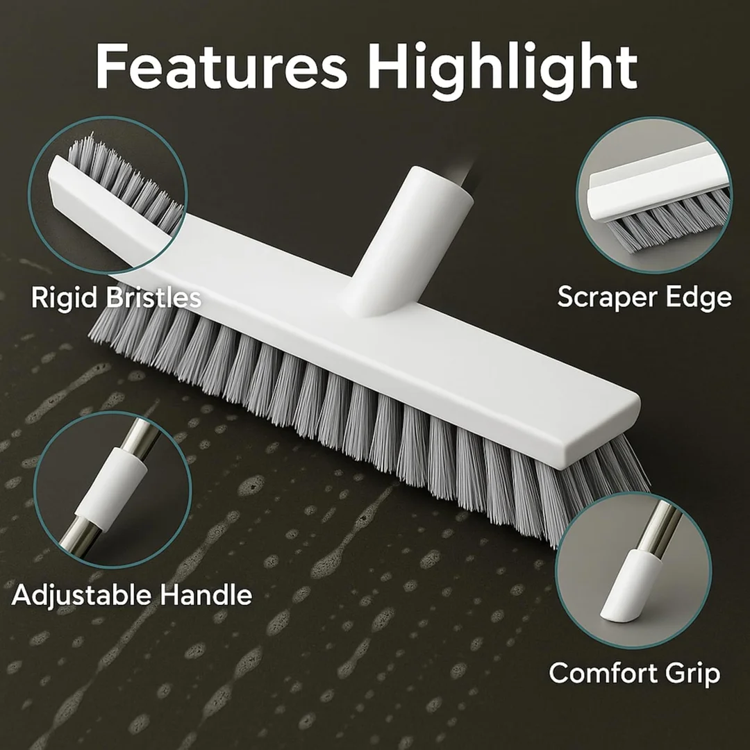 Bathroom Cleaning Brush with Wiper & Long Handle | Multifunctional Floor Scrubbing Brush for Tiles, Walls, Kitchen & Bathroom Cleaning (White) image 4