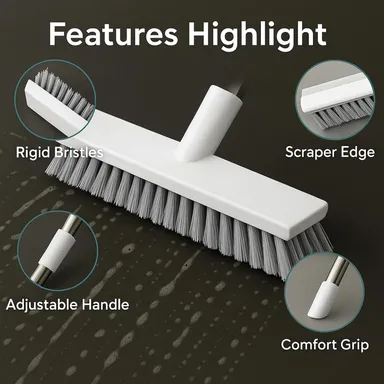 Bathroom Cleaning Brush with Wiper & Long Handle | Multifunctional Floor Scrubbing Brush for Tiles, Walls, Kitchen & Bathroom Cleaning (White) thumbnail 3
