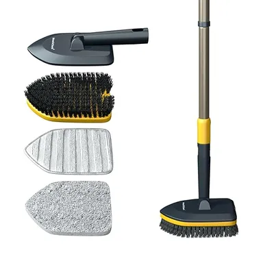 Bathroom Cleaning Brush with 58.2 Inch Extendable Long Handle | Hard Bristles + Microfiber Pad Scrubber Combo | Detachable Head for Tiles, Floor, Toilet, Glass & Window Cleaning (Yellow) thumbnail 2
