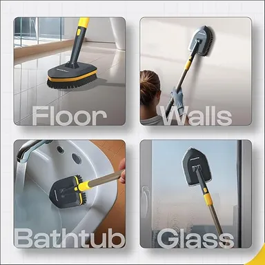 Bathroom Cleaning Brush with 58.2 Inch Extendable Long Handle | Hard Bristles + Microfiber Pad Scrubber Combo | Detachable Head for Tiles, Floor, Toilet, Glass & Window Cleaning (Yellow) thumbnail 1